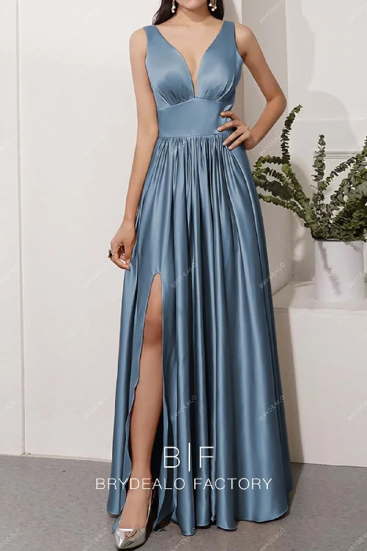 Stock Up and Save Dusty Blue Plunging Neck Empire Slit Charmeuse Bridesmaid Dress