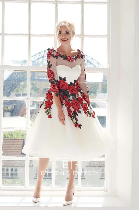 Special Price Red Rose Illusion Neck 3/4 Sleeves Tea Length A-line Bridal Gown