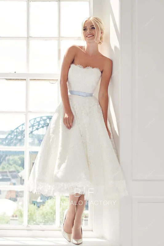 Exclusive Access Elegant Lace Strapless Tea Length Casual Wedding Dress