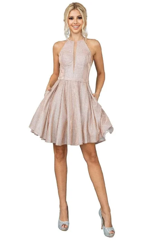 Blowout Sale Dancing Queen - 3240 Halter Neck Shimmer Metallic A-Line Dress