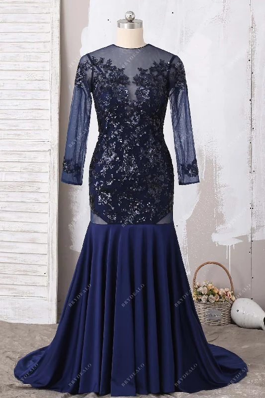 Today’s Special Navy Sheer Sequin Lace Jersey Mermaid Prom Dress
