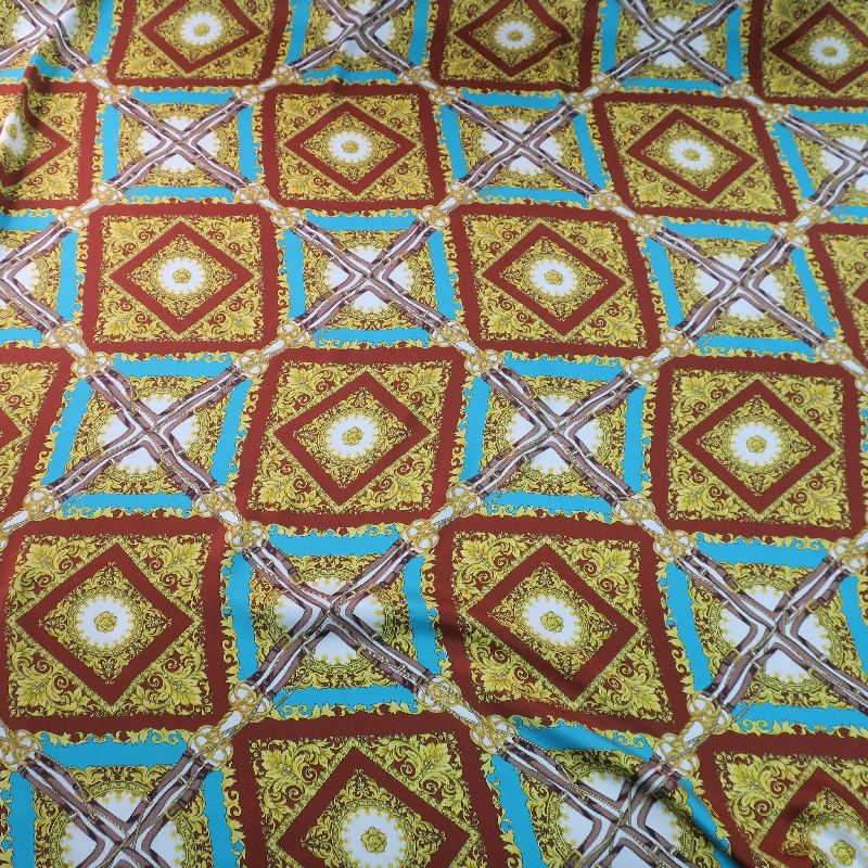 Low Prices Geometric Square prints on Teal  Printed Silk Charmeuse Fabric