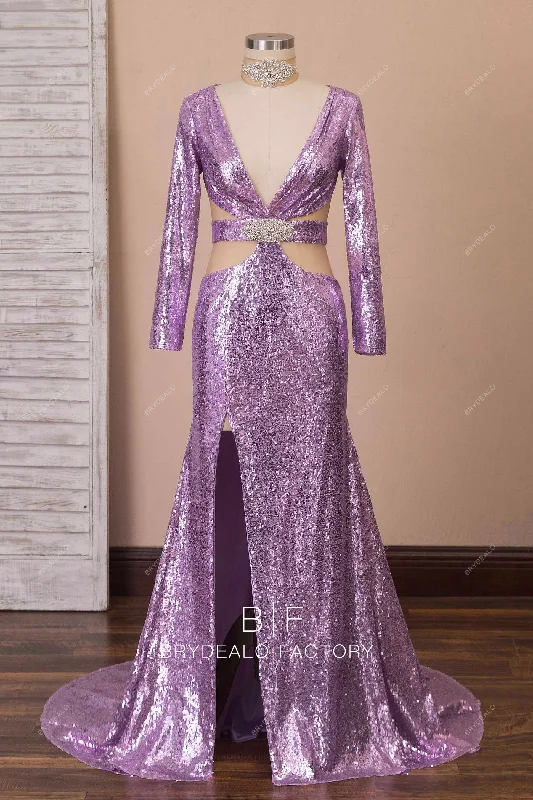 Members Only Sparkly Lilac Sequin Choker Sleeved Mermaid Prom Dress