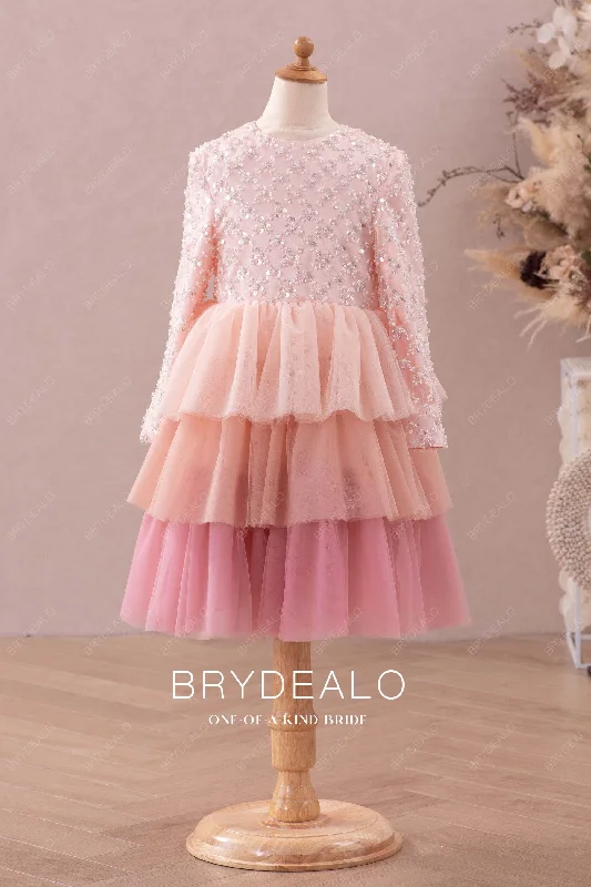 Deal Zone Sparkly Long Sleeve Ombre Tiered Skirt Flower Girl Dress