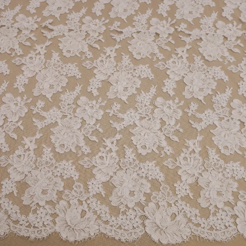 Massive Deals White Embroidered Corded Bridal Tulle Double Scalloped Floral Lace