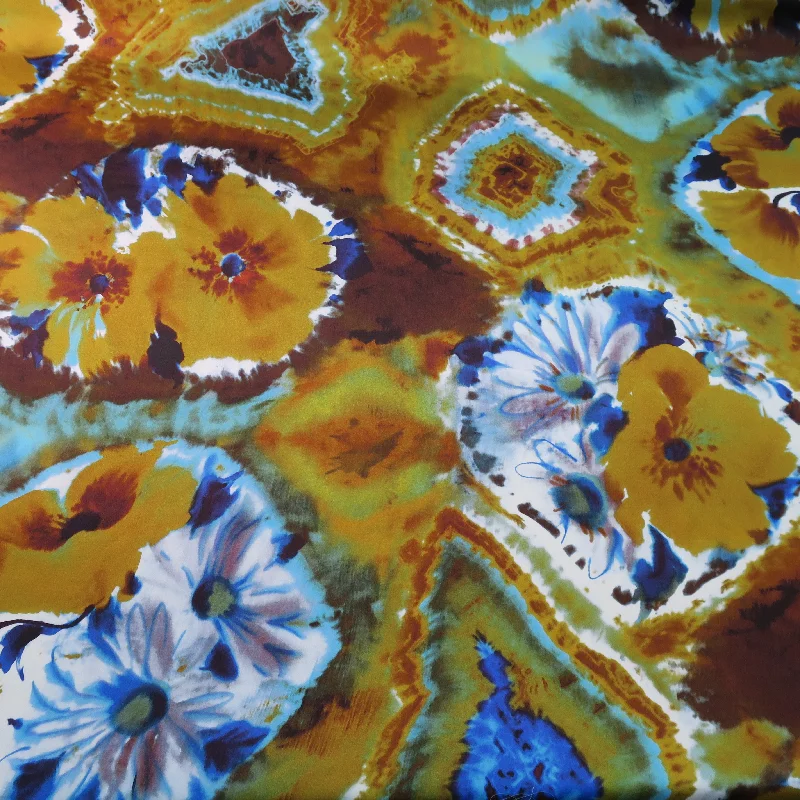 Take Advantage Orange and Teal Floral Tie Dye Printed Silk Charmeuse
