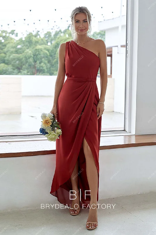 Deal of the Week Red One-shoulder High-Low Wrap Chiffon Bridesmaid Gown
