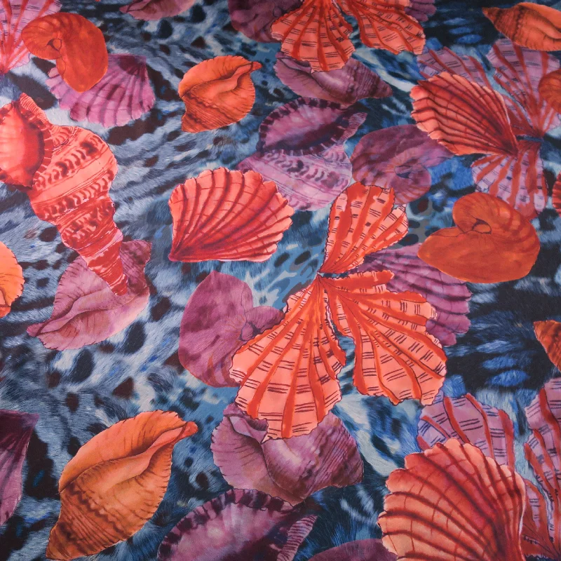 Limited Time Offer Orange Shells on Purple Ground Printed Silk Charmeuse Fabric