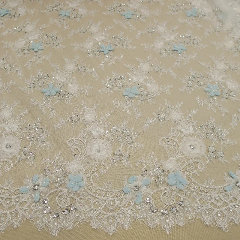 Deal Frenzy White with Blue Accents Floral Embroidered Pearl Beaded Double-Scalloped Lace Deal Frenzy White with Blue Accents Floral Embroidered Pearl Beaded Double-Scalloped Lace