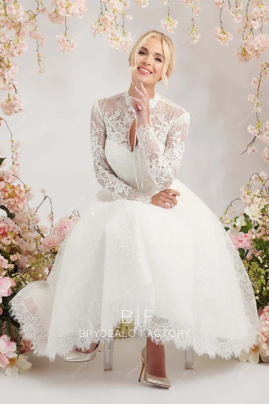 Price Rollback Designer Lace Long Sleeves Keyhole Neck Tea-Length Chic Bridal Dress