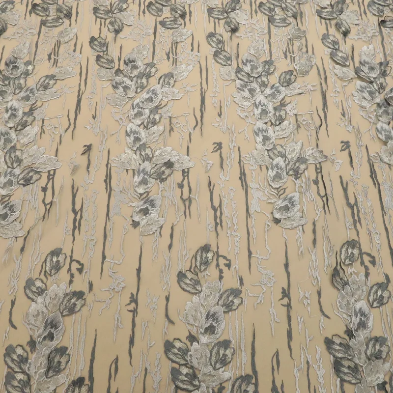 YEAR-End Clearance Silver with Grey Floral Abstract Embroidered Tulle Fabric