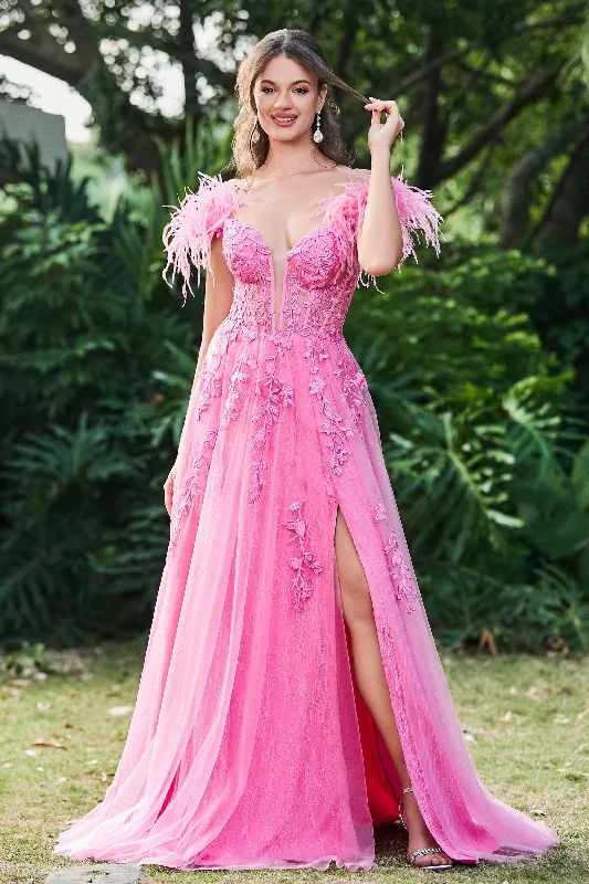Can't Be Beat Feather Off Shoulder Applique Tulle Dress With Slit