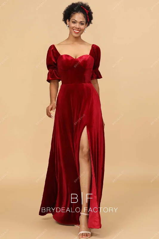 Savings Alert Ruby Velvet Short Sleeves Corset Slit A-line Bridesmaid Dress