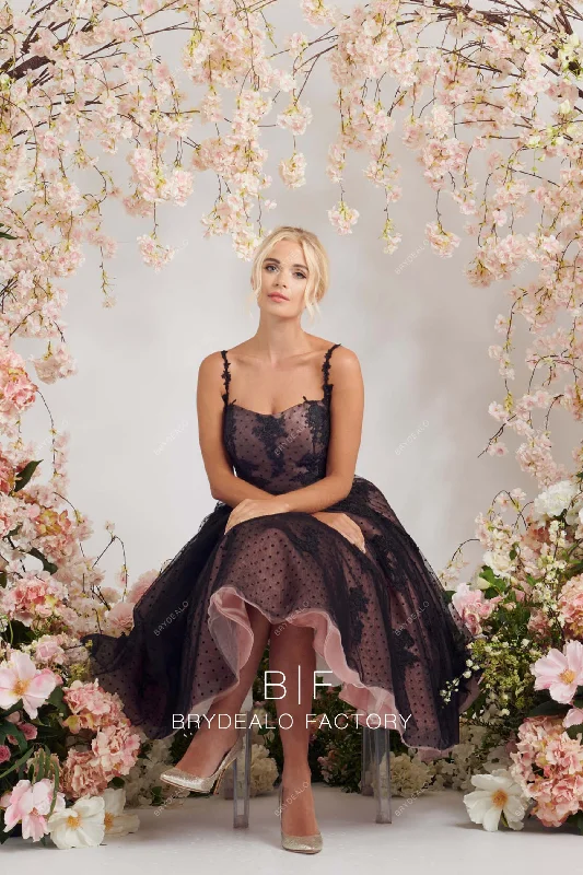 Warehouse Sale Black Lace Dot Tulle Overlaid Blush Sleeveless Tea Length Bridal Dress