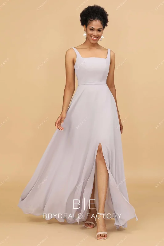 Blowout Deals Silver Square Neck Chiffon Sleeveless Slit A-line Bridesmaid Dress