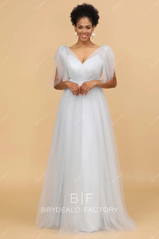 Year-End Sale Ice Blue Pleated V-neck Shoulder Tie Tulle A-line Bridesmaid Gown