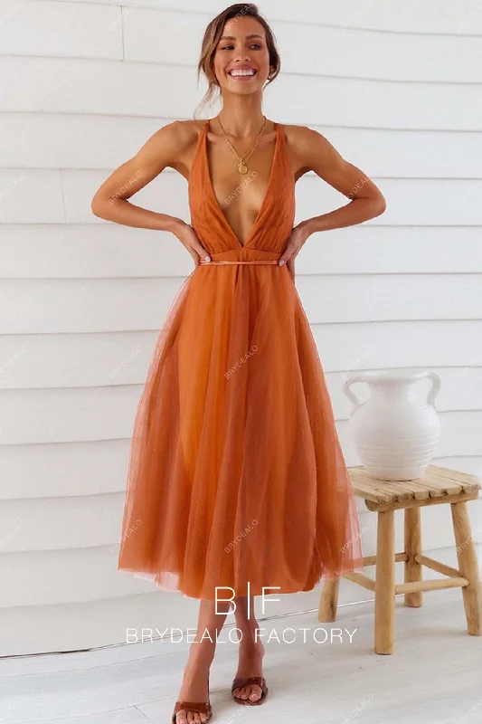 Inventory Reduction Plunging Neck Orange Tulle Strappy Back Bridesmaid Dress