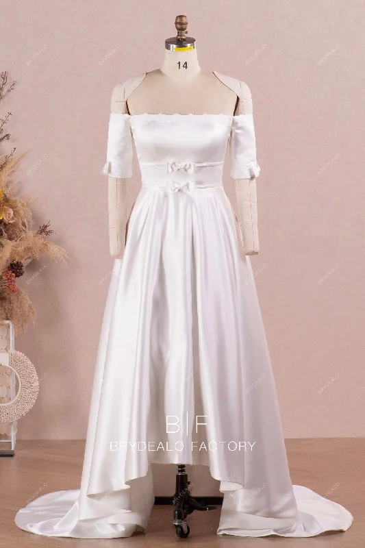 Price Reduction Modern Lace Satin Off Shoulder Pockets High-low Wedding Gown