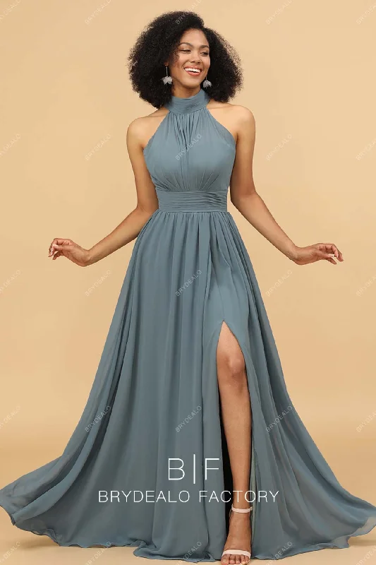 Special Offer Dusty Blue Slit Floor Length Halter Neck Chiffon A-line Bridesmaid Gown