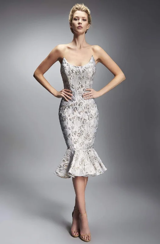 Early Bird Discount Nicole Bakti - 6880 Metallic Floral Scoop Cocktail Dress