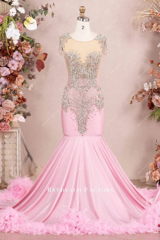 Massive Deals Pink Rhinestone Chapel Feather Train Mermaid Prom Dress