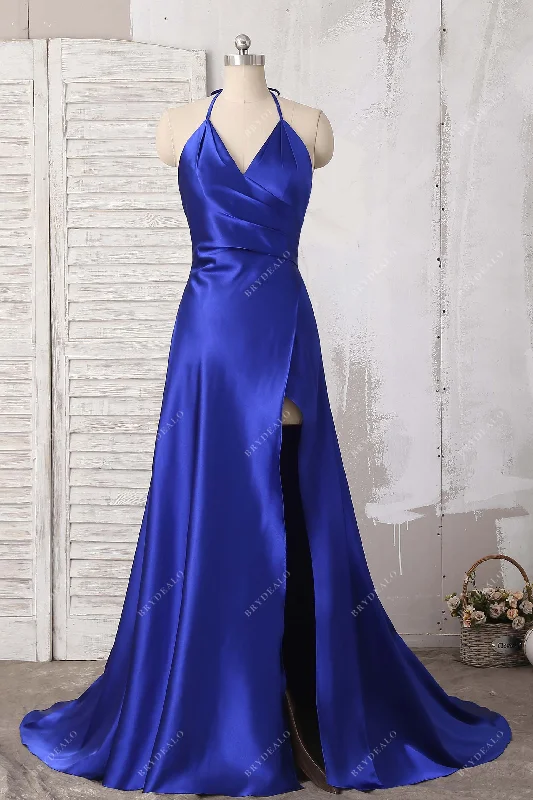 Special Offer Royal Blue V-neck Low Back Slit Bridesmaid Gown
