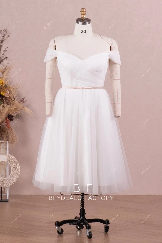 Deal Dash Ruched Tulle Off-Shoulder Tea Length Vintage Informal Bridal Dress