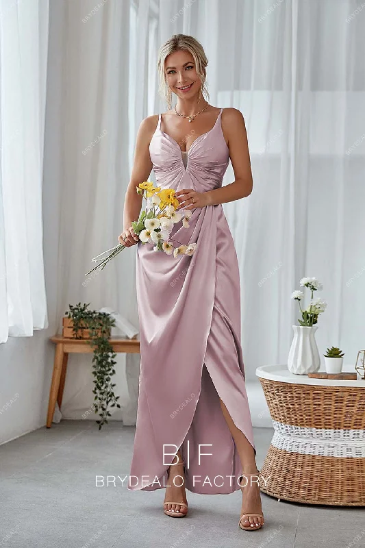 Great Deals Wisteria Spaghetti Straps Ruched Satin Ankle Length Wrap Dress