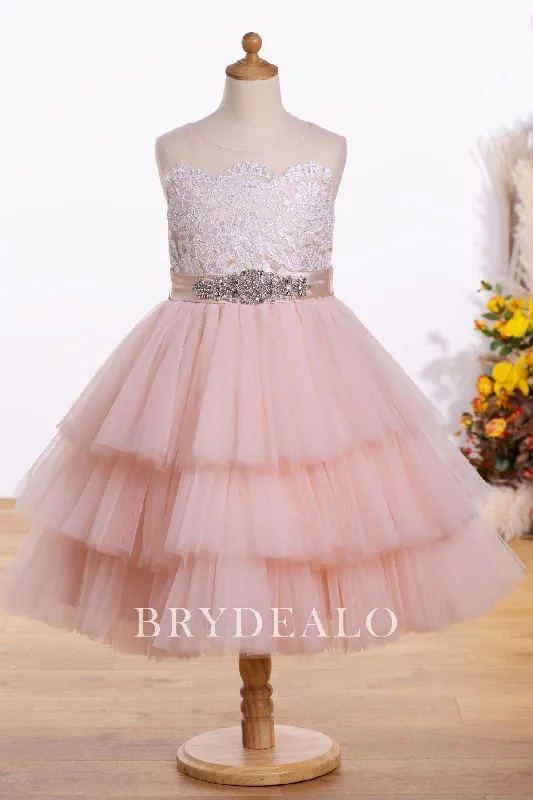 Best Bargains Lace Pink Knee Length Tiered Flower Girl Dress