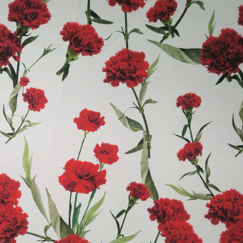 Hurry In Red Roses on White Background Printed Polyester Mikado Fabric