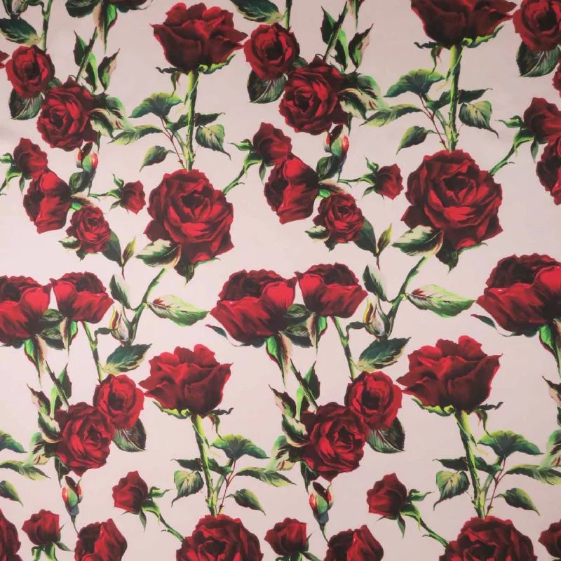 Don't Wait Red Roses on Pink Background Printed Polyester Mikado Fabric