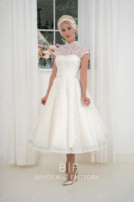 Super Sale High Neck Cap Sleeve Short A-line Vintage Tea Length Bridal Dress