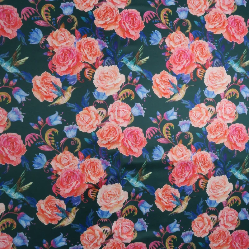 Price Drop Alert Pink Roses on Black Background Printed Polyester Mikado Fabric