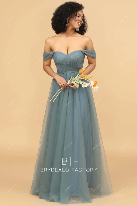 Deep Discounts Crisscross Pleated Tulle Off-shoulder Tulle A-line Bridesmaid Dress