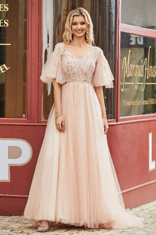 Extra Savings Flutter Sleeves Beaded A-Line Tulle Long Dress
