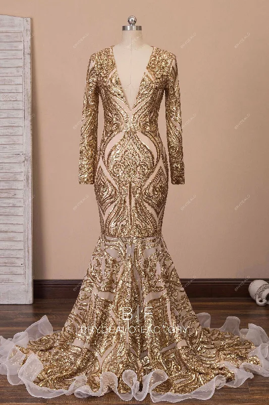 Inventory Reduction Sleeved Plunging Sparkly Sequin Ruffled Train Mermaid Prom Dress