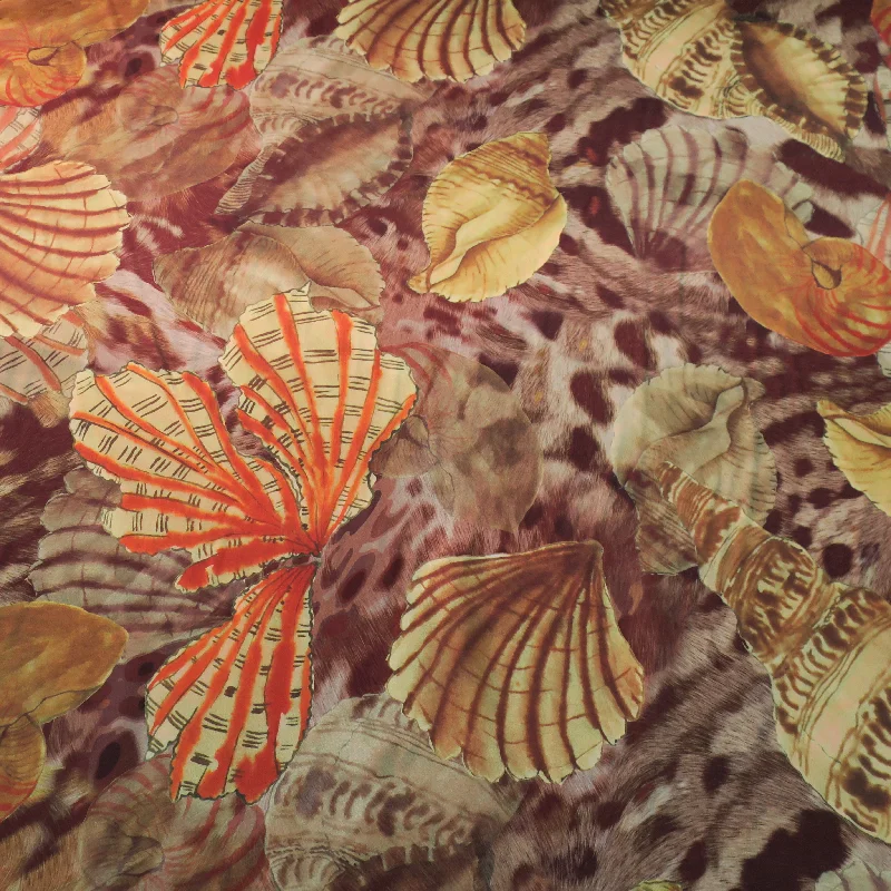 Loyalty Reward Sea Shells on a Brown Background Printed Silk Charmeuse Fabric