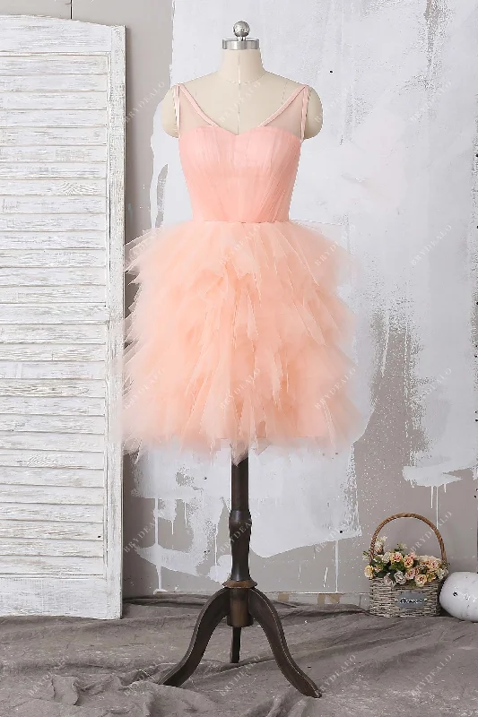 Overstock Sale Lovely Peach Tulle Ruffled Short Cocktail Dress