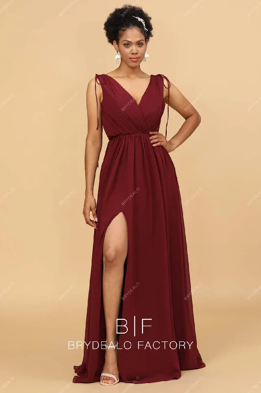 Grand Opening Sale Burgundy Shoulder Tie Ruched Neck Long Chiffon Slit Bridesmaid Dress Grand Opening Sale Burgundy Shoulder Tie Ruched Neck Long Chiffon Slit Bridesmaid Dress