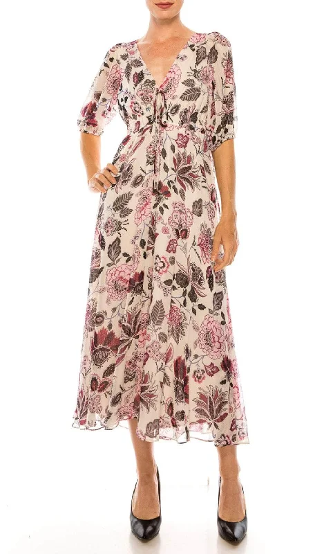Seasonal Clearance Maison Tara 91667M - Printed Long V Neck Dress