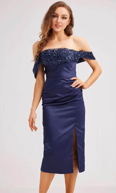 Price Cut J'Adore Dresses J23061 - Sequin Embellished Off-Shoulder Knee-Length Dress