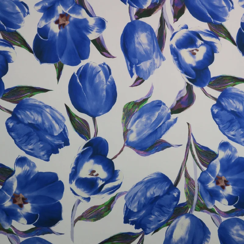 Hurry In Blue Floral on White Background Printed Polyester Mikado Fabric