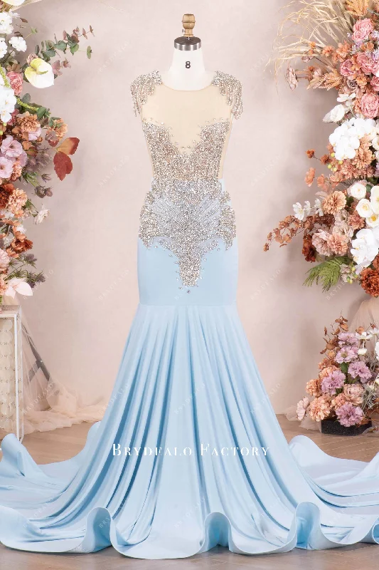 Discount Deals Sparkly Rhinestone Sky Blue Jersey Mermaid Prom Dress