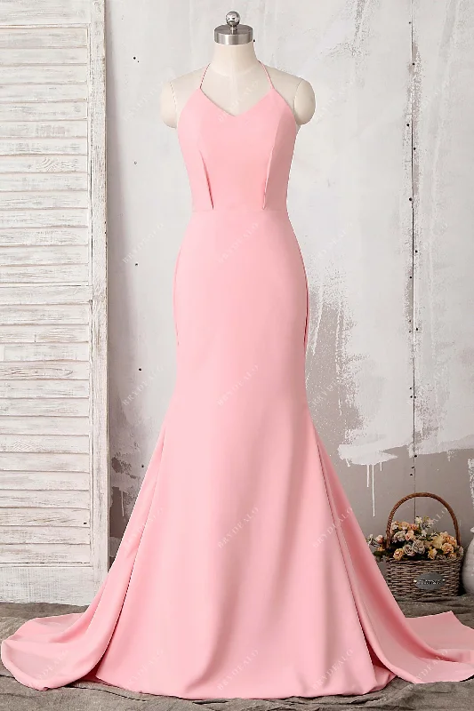 Mega Sale Pink Crepe Thin Straps Long Mermaid Prom Dress