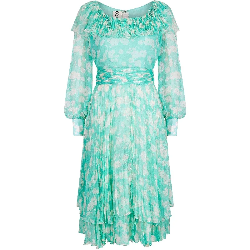 Super Savings 1970s Harry Algo Printed Green & White Silk Chiffon Dress With Ruffle Neckline