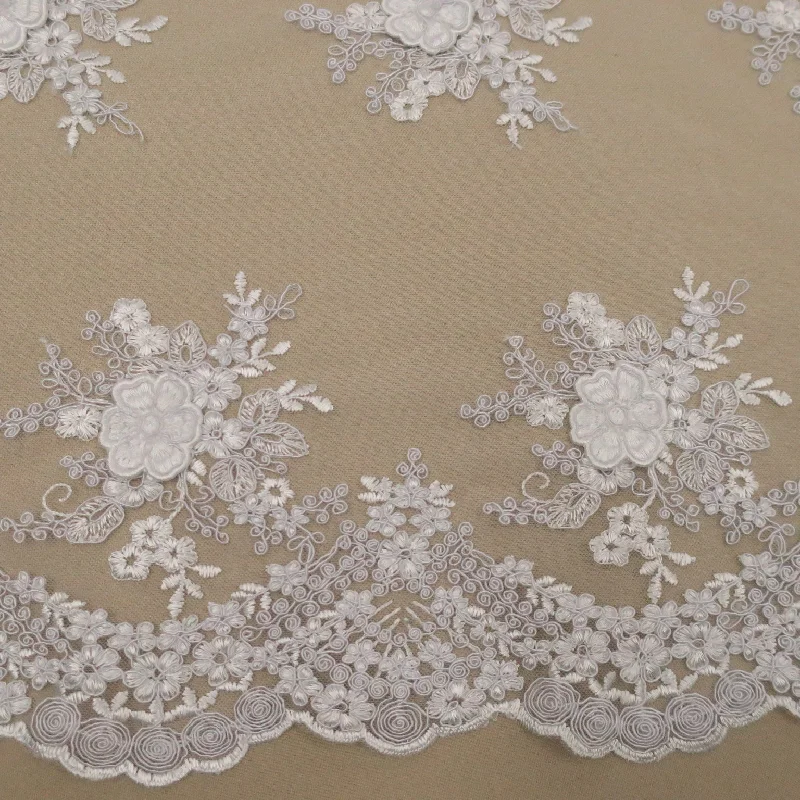 Price Cut White Floral Corded Double Scalloped Tulle Fabric