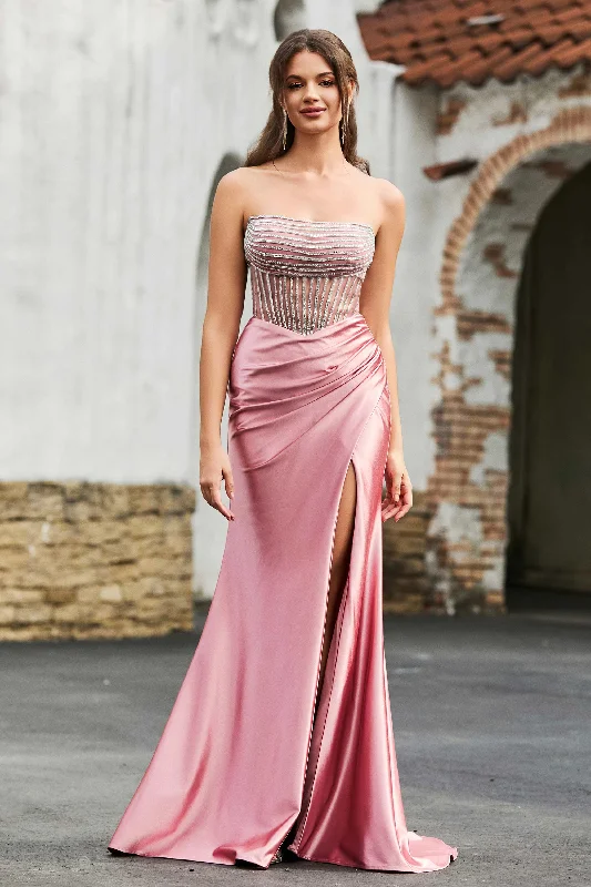 Discount Extravaganza Rhinestone Strapless Sheath Dress With Slit