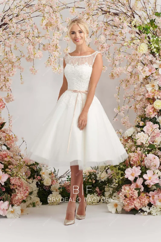 Exclusive Deal Illusion Neck Lace Sleeveless Short Stylish Tea-Length Bridal Dress