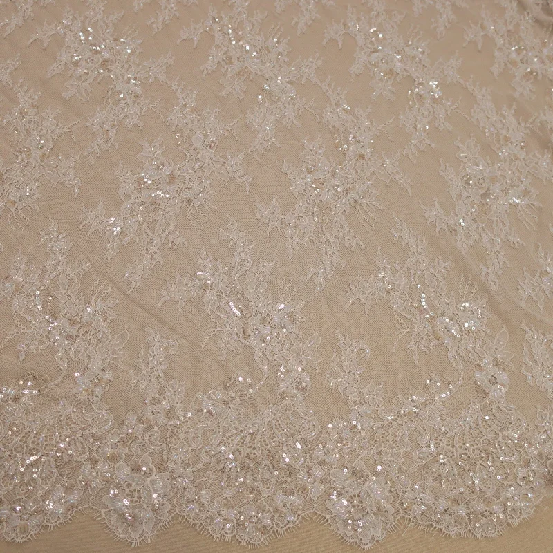 Exclusive Access Off White Embroidered with Beads and Sequins and Pearls Double ScallopedFloral Lace