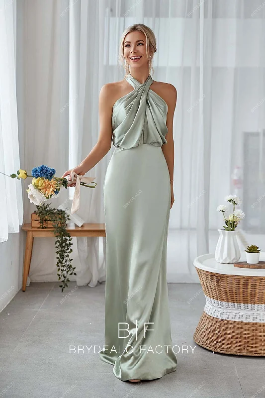 Value Deals Sage Ruched Halter Keyhole Back Charmeuse Mermaid Bridesmaid Dress